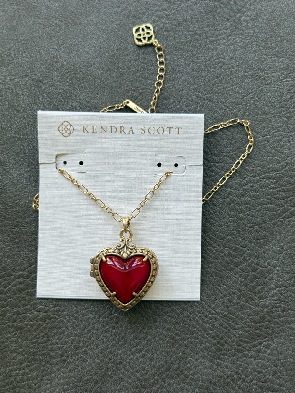 Kendra Scott Red Heart Locket Necklace - Gold tone vintage look NEW